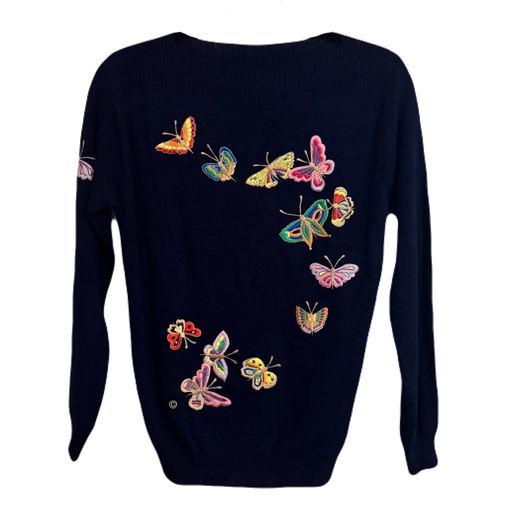 Vintage 1970’s Cyn Les Shirlee Design Butterfly Embroidered Navy Sweater